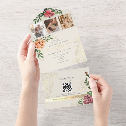 ピンクエレガントオレンジフローラ結婚ズ オールインワン招待状 (貼ってはがせる)