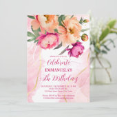 ピンクエレガントオレンジフローラ誕生日パーティーテンプレート 招待状 (スタンド正面)
