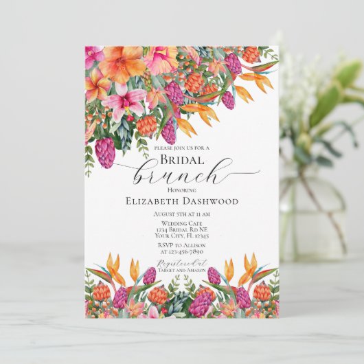 ピンクエレガントオレンジ熱帯フローラブライダルシャワー 招待状 (スタンド正面)