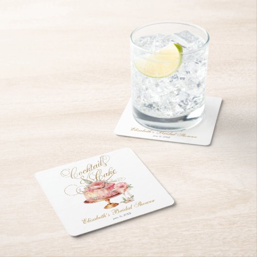 ピンクエレガントカクテルとケーキブライダルシャワー スクエアペーパーコースター (インサイチュ)