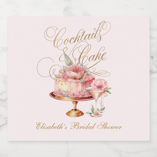 ピンクエレガントカクテルとケーキブライダルシャワー スパークリングワインラベル (シングルラベル)