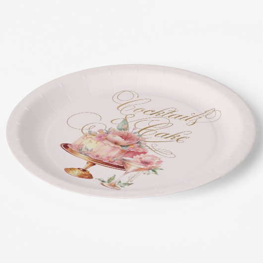 ピンクエレガントカクテルとケーキブライダルシャワー ペーパープレート (アングル)