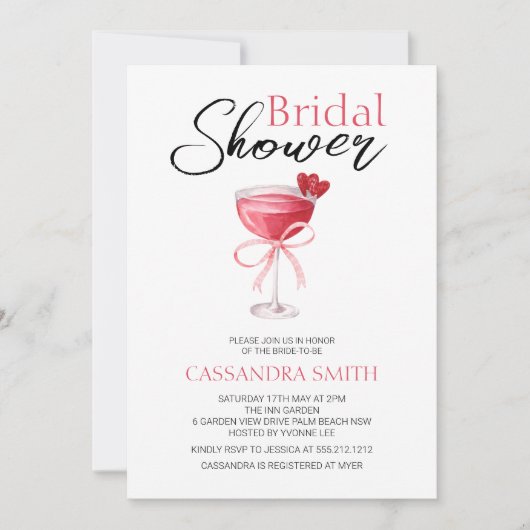 ピンクエレガントカクテルボウブライダルシャワー 招待状 (正面)