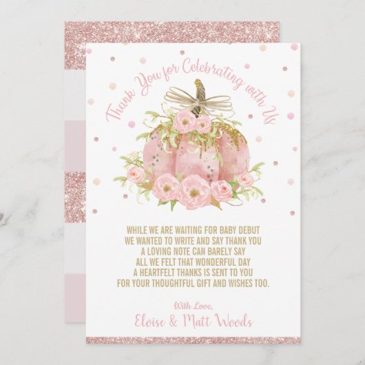 ピンクエレガントカボチャ赤ちゃんシャワー少女 サンキューカード (正面/裏面)