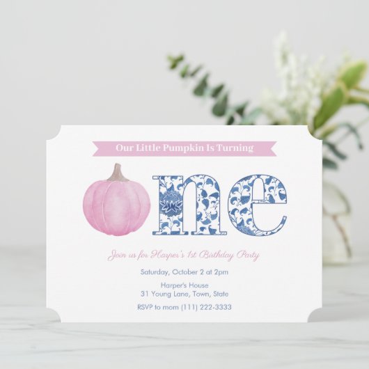 ピンクエレガントカボチャ赤ちゃん女の子1st誕生日パーティー 招待状 (スタンド正面)