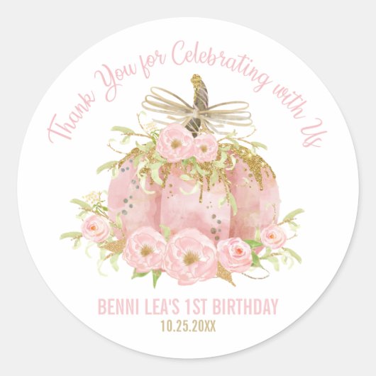 ピンクエレガントカボチャ1歳の誕生日お願い ラウンドシール (正面)