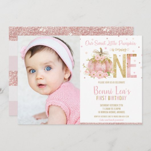 ピンクエレガントカボチャ1st誕生日ワンガール写真 招待状 (正面/裏面)
