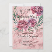 ピンクエレガントカーネーション100th誕生日パーティー 招待状 (正面)