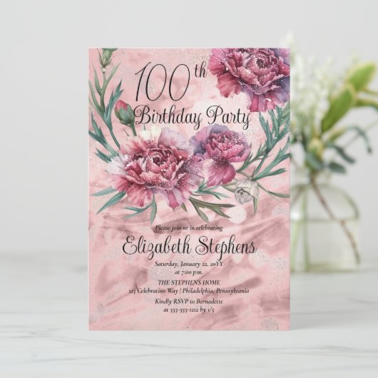 ピンクエレガントカーネーション100th誕生日パーティー 招待状 (スタンド正面)