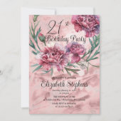 ピンクエレガントカーネーション21歳の誕生日パーティー 招待状 (正面)