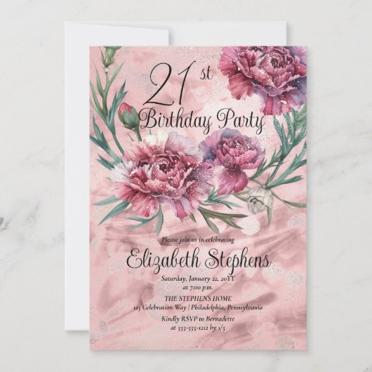 ピンクエレガントカーネーション21歳の誕生日パーティー 招待状 (正面)