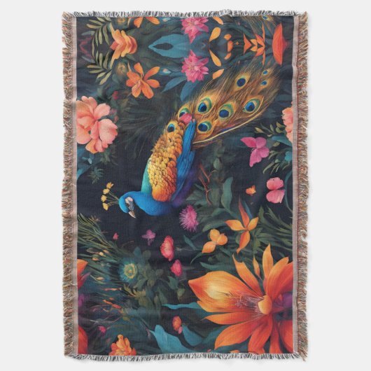 ピンクエレガントガーデンの青と金ゴールドの孔雀 スローブランケット (正面縦)