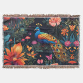 ピンクエレガントガーデンの青と金ゴールドの孔雀 スローブランケット (正面)