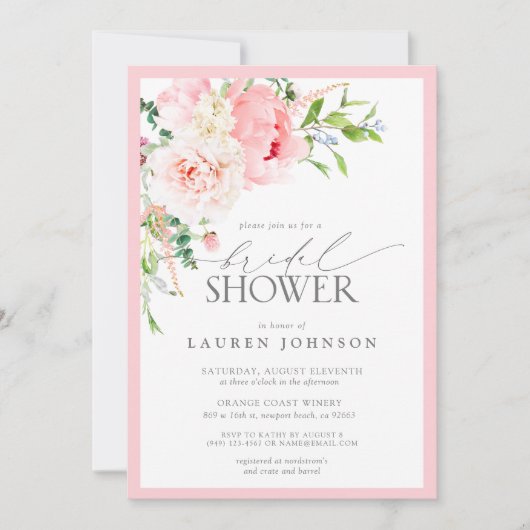 ピンクエレガントガーデンフラワーズブライダルシャワー 招待状 (正面)