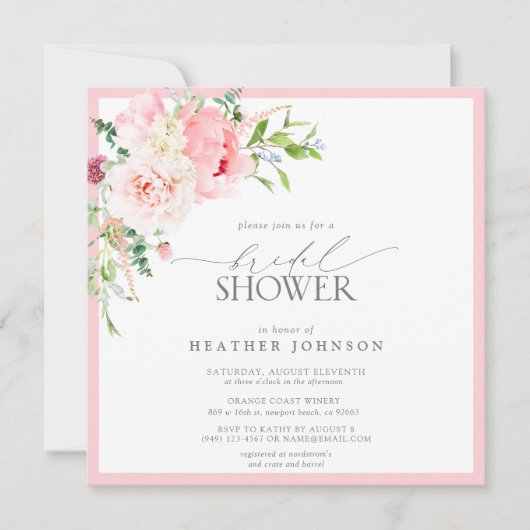 ピンクエレガントガーデンフラワーズブライダルシャワー 招待状 (正面)