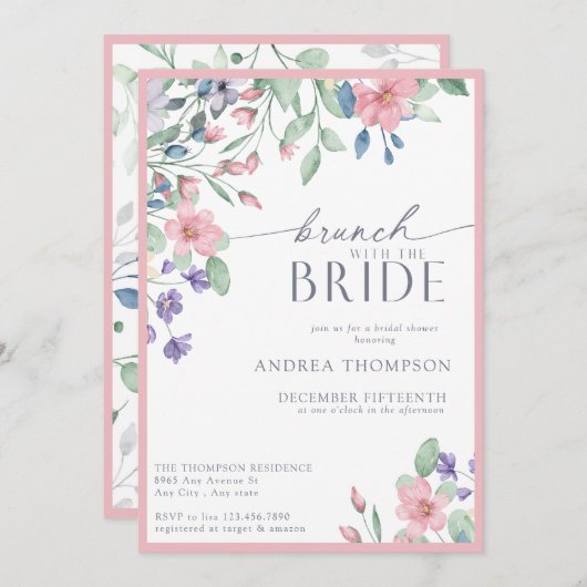 ピンクエレガントガーデンフラワーブライダルシャワー 招待状 (正面/裏面)