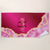 ピンクエレガントガーリーモノグラムの名前をカスタムする夏 ビーチタオル (正面)