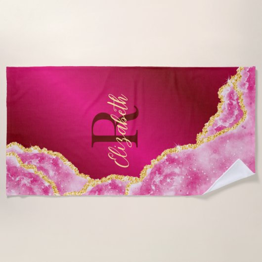 ピンクエレガントガーリーモノグラムの名前をカスタムする夏 ビーチタオル (正面)