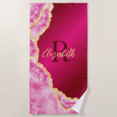 ピンクエレガントガーリーモノグラムの名前をカスタムする夏 ビーチタオル (正面)