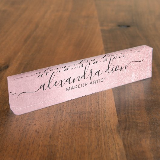ピンクエレガントガーリーローズ金ゴールドグリッターメイクアップアーティスト デスクネームプレート (側面)