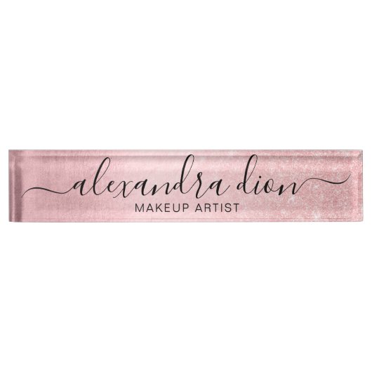 ピンクエレガントガーリーローズ金ゴールドグリッターメイクアップアーティスト デスクネームプレート (正面)