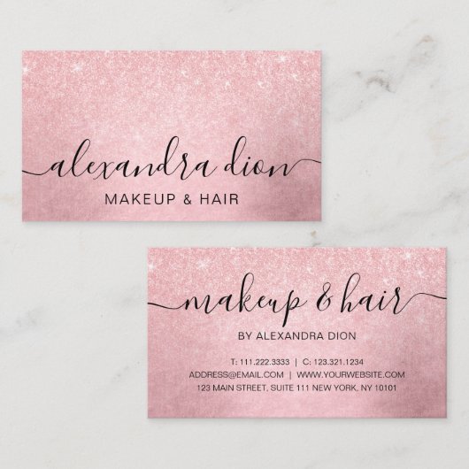 ピンクエレガントガーリーローズ金ゴールドグリッターメイク&ヘアメイク 名刺 (正面/裏面)