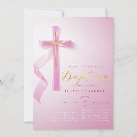 ピンクエレガントガールバプテスマ宗教洗礼 招待状 (正面)