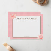 ピンクエレガントギンガムウォーターカラーガーデン ノートカード (正面/裏面インサイチュ)