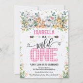 ピンクエレガントギンガムサファリワイルドワン誕生日 招待状 (正面)