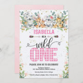 ピンクエレガントギンガムサファリワイルドワン誕生日 招待状 (正面/裏面)