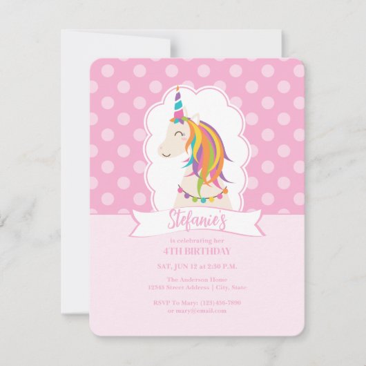 ピンクエレガントクガーリーレインボーユニコーンガール誕生日 招待状 (正面)
