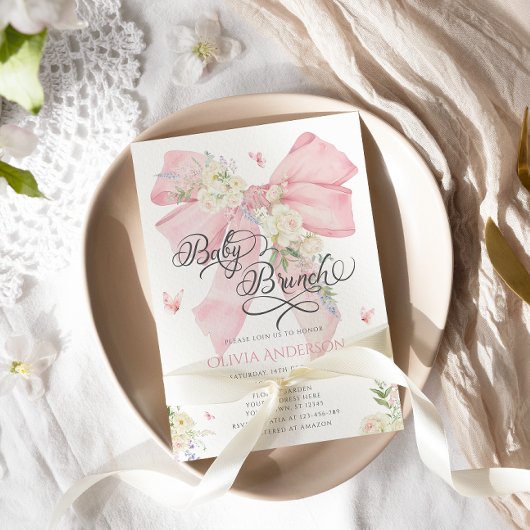 ピンクエレガントクボウベビーブランチ赤ちゃんシャワー 招待状