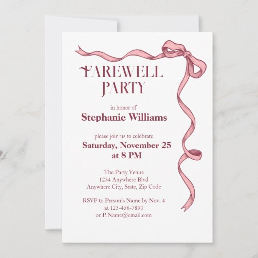 ピンクエレガントクボウ女子の別れパーティー 招待状 (正面)