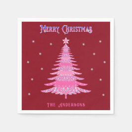 ピンクエレガントクリスマスツリー名前をカスタムする赤 スタンダードカクテルナプキン