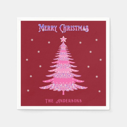 ピンクエレガントクリスマスツリー名前をカスタムする赤 スタンダードカクテルナプキン (正面)