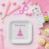 ピンクエレガントクリスマスツリー名前をカスタムする ペーパープレート (パーティー)