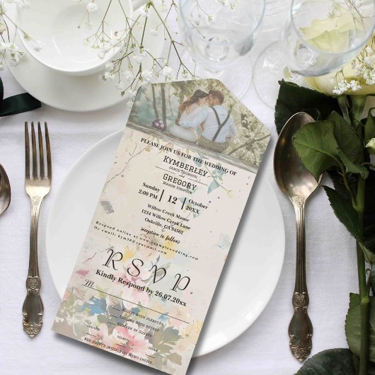 ピンクエレガントクリームイエローフローラ水彩写真 オールインワン招待状