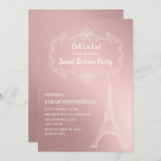 ピンクエレガントクリームエッフェルタワーホワイトスウィート16 招待状 (正面/裏面)