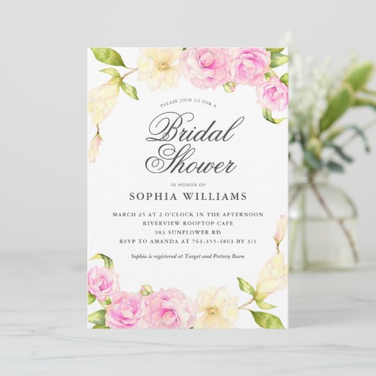 ピンクエレガントクリームフローラリースブライダルシャワー 招待状 (スタンド正面)