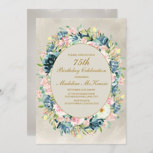 ピンクエレガントクリームフローラ緑75誕生日 招待状 (正面/裏面)