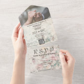 ピンクエレガントクリーム水彩フローラQRコードフォト オールインワン招待状 (貼ってはがせる)