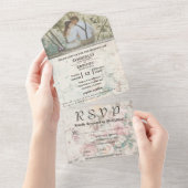 ピンクエレガントクリーム水色フローラカップル写真 オールインワン招待状 (貼ってはがせる)