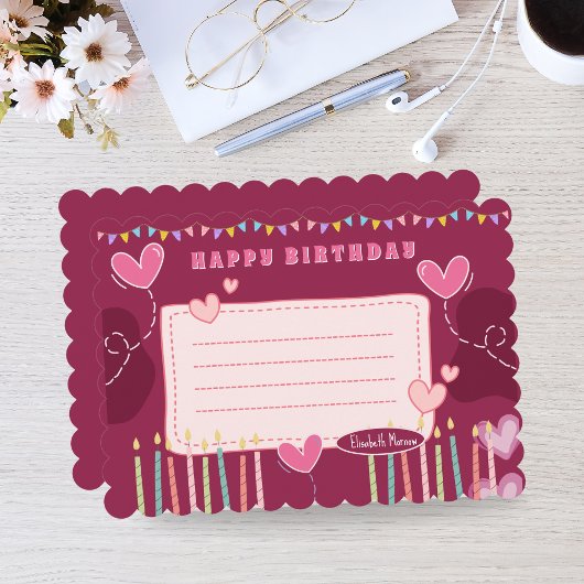 ピンクエレガントクリーム誕生日ノートカード – Personaliz ノートカード