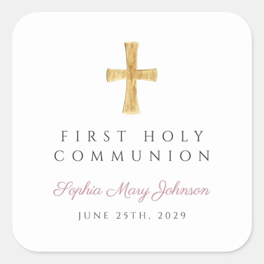 ピンクエレガントクロスガールファースト聖餐式 スクエアシール (正面)