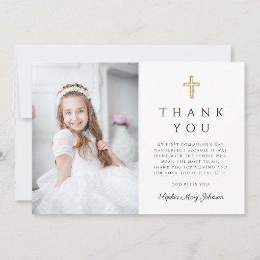 ピンクエレガントクロスガールフォトファースト聖餐式 サンキューカード (正面)