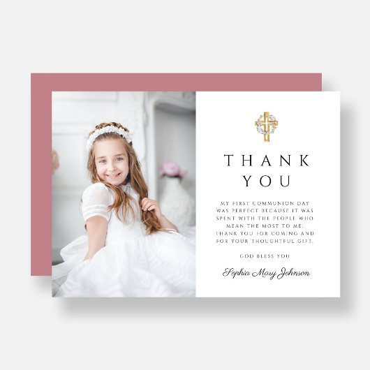 ピンクエレガントクロスガールフォトファースト聖餐式 サンキューカード