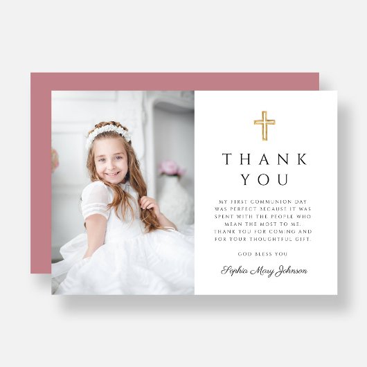 ピンクエレガントクロスガールフォトファースト聖餐式 サンキューカード