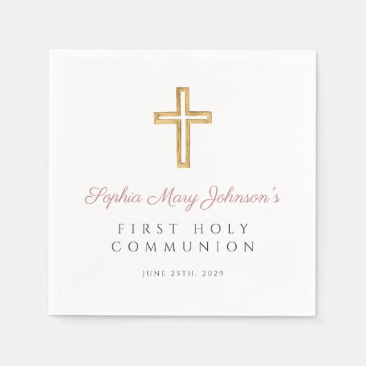 ピンクエレガントクロス宗教少女ファースト聖餐式 スタンダードカクテルナプキン (正面)