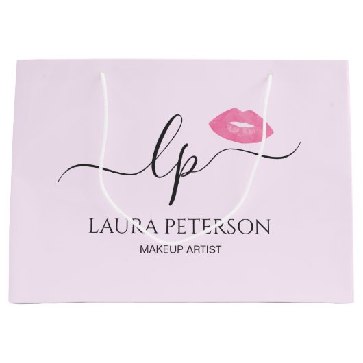 ピンクエレガントク唇の手書き筆跡 ラージペーパーバッグ (正面)