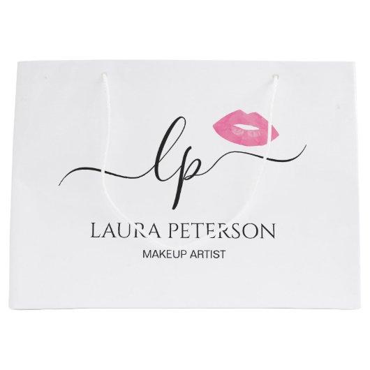 ピンクエレガントク唇の手書き筆跡 ラージペーパーバッグ (正面)
